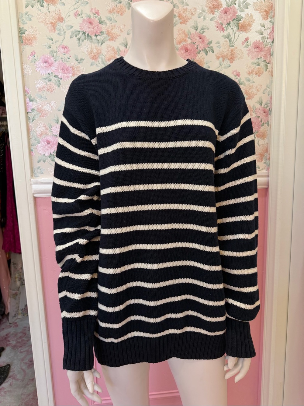 M/L Navy and White Striped Crewneck Sweater